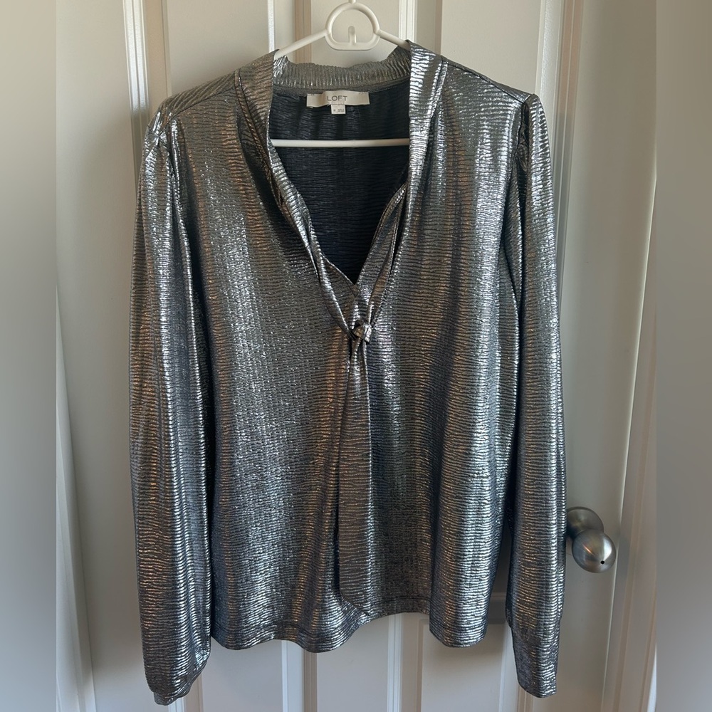 LOFT Silver Metallic V-Neck Knot Top